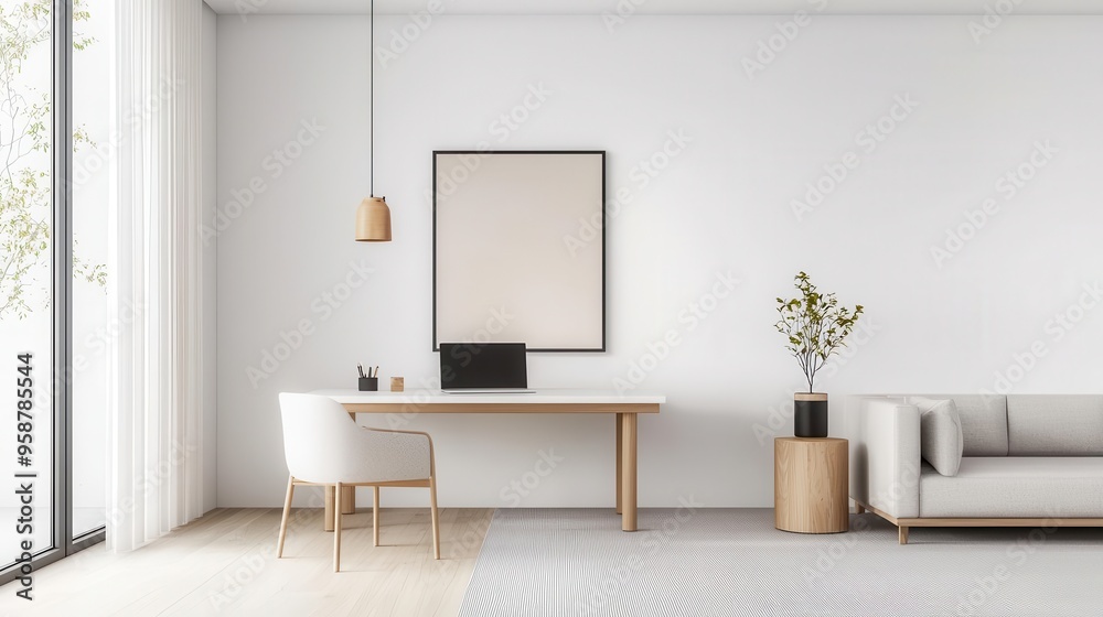Fototapeta premium A modern office interior featuring a desk, chair, and minimalistic decor, perfect for workspace inspiration and design aesthetic.