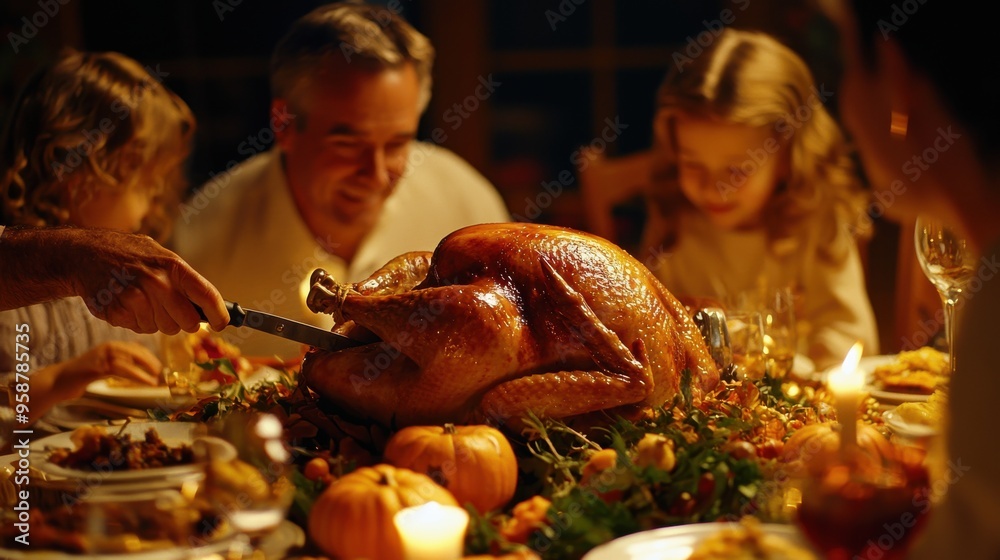 Obraz premium A close-up of a man carving a turkey at a Thanksgiving table surrounded by his family, the warm light reflecting off the polished silverware and the rich woodgrain of the table