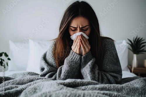Person sitting in bed wrapped in a blanket, sneezing into a tissue, experiencing flu or cold symptoms, and seeking relief.

