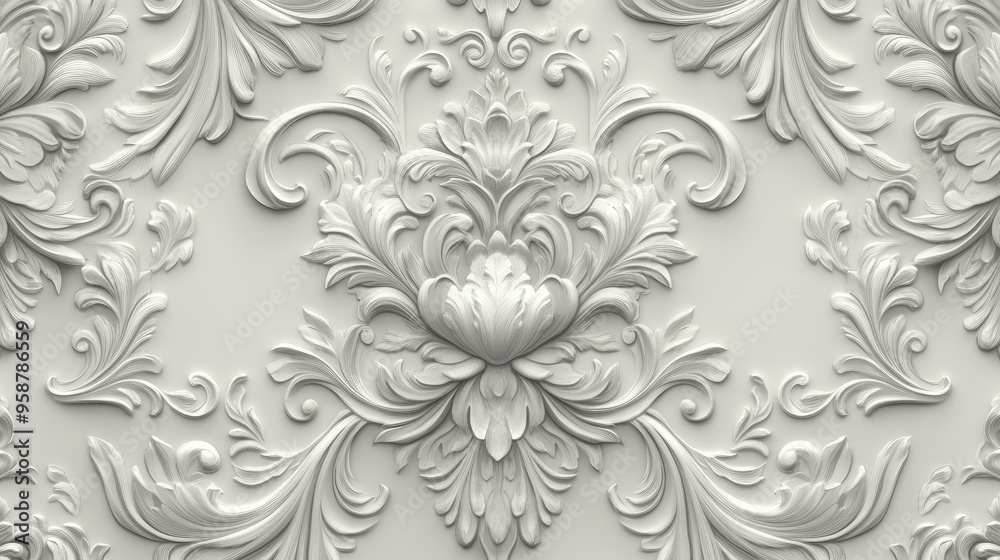 Digital rendering of a traditional damask pattern in muted, elegant tones. The intricate details and timeless design make it ideal for classic wallpaper or sophisticated fabrics.