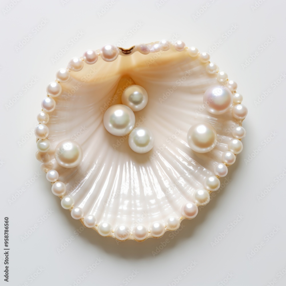 A beautiful pearl is nestled inside a shell on a plain white background A beautiful pearl is nestled inside a shell on a plain white background