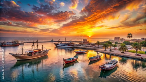 Vibrant sunset over the tranquil Red Sea coastline of Yanbu, Saudi Arabia, with traditional Arabian dhows and modern photo