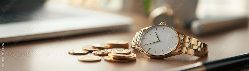 A luxurious desk with coins, a gold watch, and expensive accessories, embodying affluence A luxurious desk with coins, a gold watch, and expensive accessories, embodying affluence