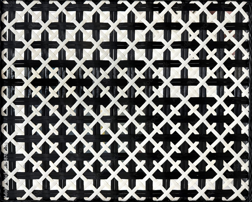 Closeup of synthetic black and white rattan or wicker weaving in diamond, square, and floral pattern. Rattan hand woven background seamless texture. Closeup of synthetic black and white rattan or wicker weaving in diamond, square, and floral pattern. Rattan hand woven background seamless texture.
