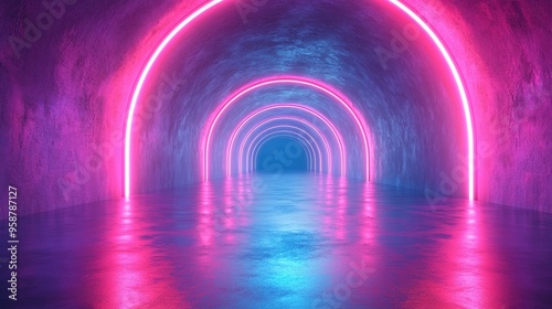 abstract neon backgroun of perspective view of spiral tunnel an glossy floor reflection