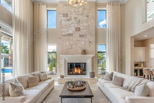 Tall, elegant fireplace in upscale Florida living room with light beige walls, white ceiling, vertical stone tiles, large window with blue sky, comfortable sofas, and coffee table.
