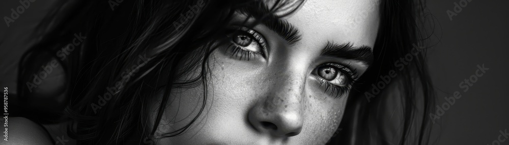 Close-up black and white portrait of a person with intense eyes and wavy hair, highlighting emotion and depth. Close-up black and white portrait of a person with intense eyes and wavy hair, highlighting emotion and depth.
