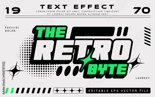 the retro byte y2k premium editable text effect with halftone for poster, logo, title, t-shirt template
