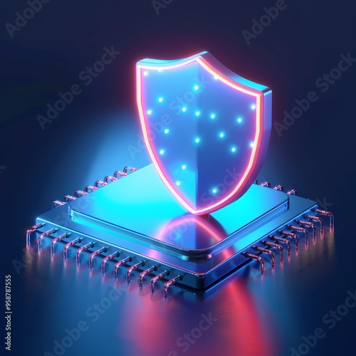 A glowing shield icon on top of a microchip, representing cybersecurity and data protection concept in a futuristic, digital illustration. photo