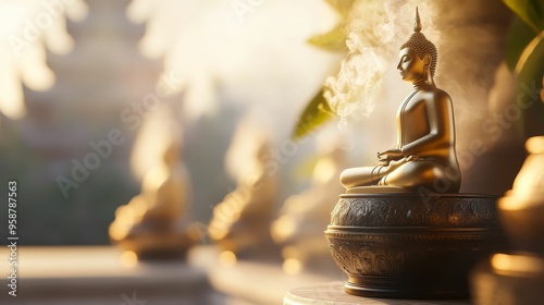 A serene image of a Thai Buddhist temple (Wat) with golden Buddhas, incense smoke rising in the air, and a peaceful atmosphere photo