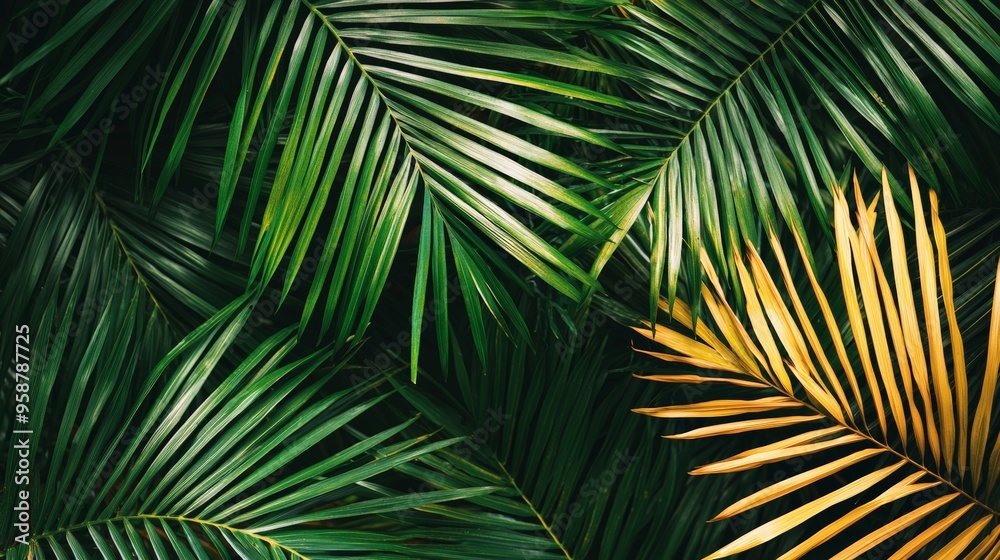 Fototapeta premium Tropical palm leaves with green and yellow fronds