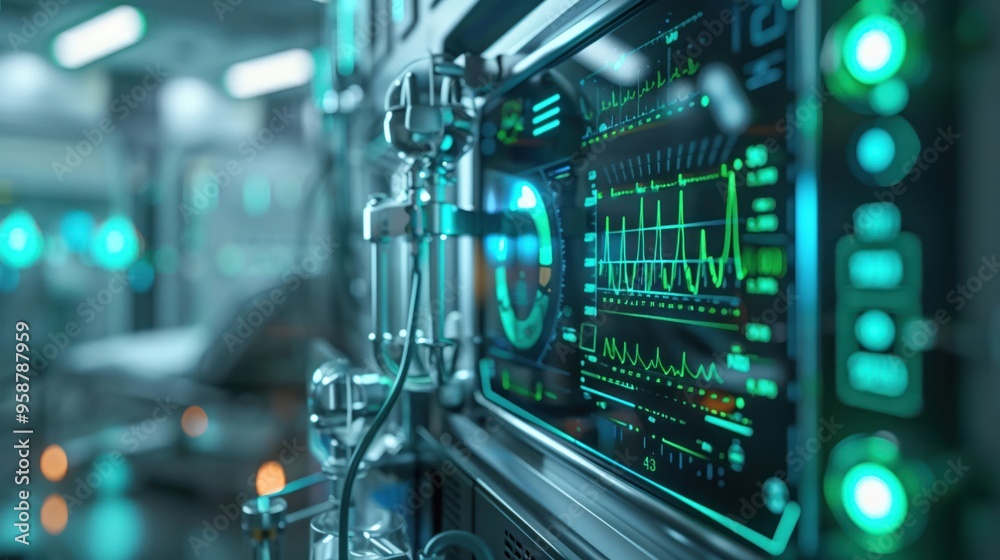 Close-up of a futuristic biotech device displaying vital signs neon blue and green lights Close-up of a futuristic biotech device displaying vital signs neon blue and green lights