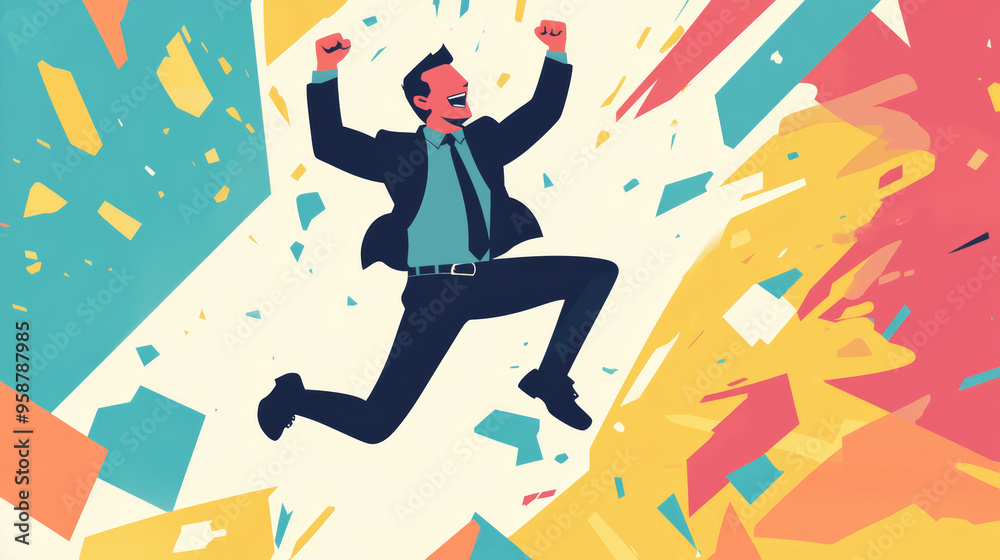 A businessman celebrates his success with a joyful jump and clenched fists. This simple, geometric illustration captures the feeling of achievement. A businessman celebrates his success with a joyful jump and clenched fists. This simple, geometric illustration captures the feeling of achievement.