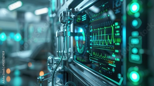Close-up of a futuristic biotech device displaying vital signs neon blue and green lights