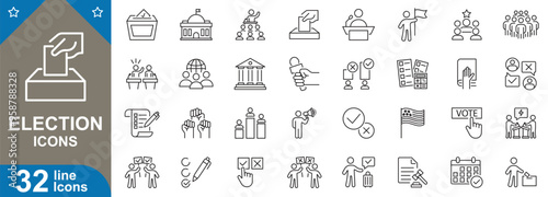 Election icons set. Voting, ballot, us, democracy, polling station, results, freedom, candidate, electoral process and more. vector illustrator.