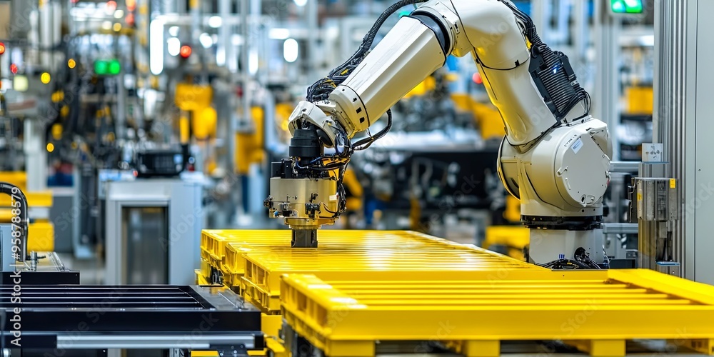 A robotic arm working on an assembly line in a factory. A robotic arm working on an assembly line in a factory.