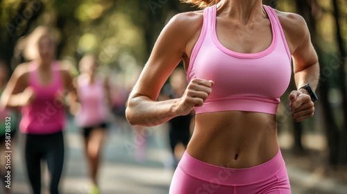 A dynamic photo of a woman wearing a pink sports bra and leggings, running through a park during a breast cancer awareness event, with other participants in the background, showing the importance of