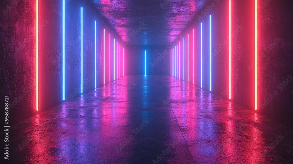 abstract neon backgroun with pink an blue neon lines an reflection on the floor abstract neon backgroun with pink an blue neon lines an reflection on the floor