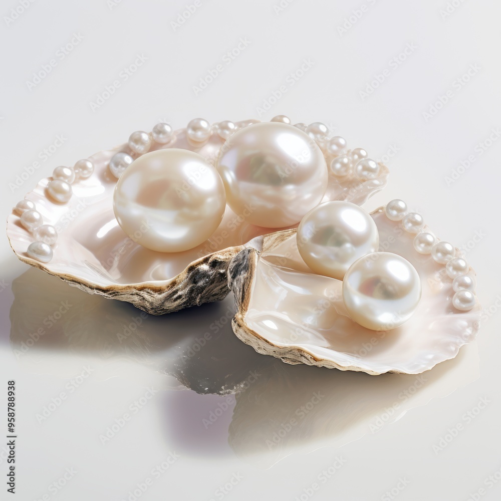 A beautiful pearl is nestled inside a shell on a plain white background A beautiful pearl is nestled inside a shell on a plain white background
