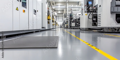 A perspective view of a clean and modern factory floor with a grated anti-slip mat.