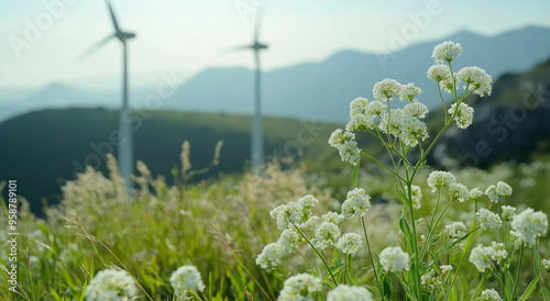 Flores brancas e plantas verdes com turbinas eólicas ao fundo, em contraste com o terreno montanhoso, criam uma paisagem ecológica bonita e serena que promove energia renovável. photo