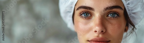 Woman with a white hat on her head, cosmetologist, banner, copy space