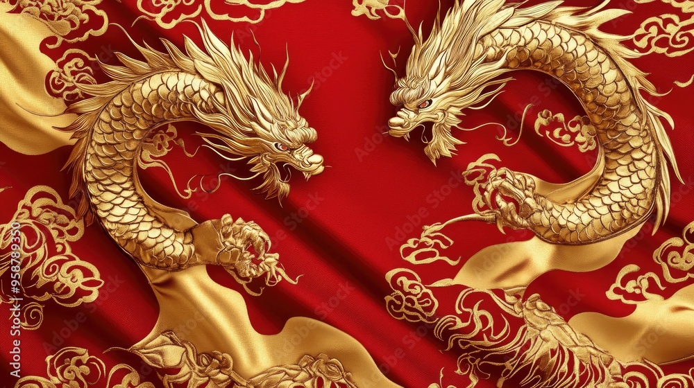 High-resolution digital rendering of a silk pattern featuring intricate dragon and phoenix motifs in gold and red. The design is perfect for luxurious, culturally inspired textiles.