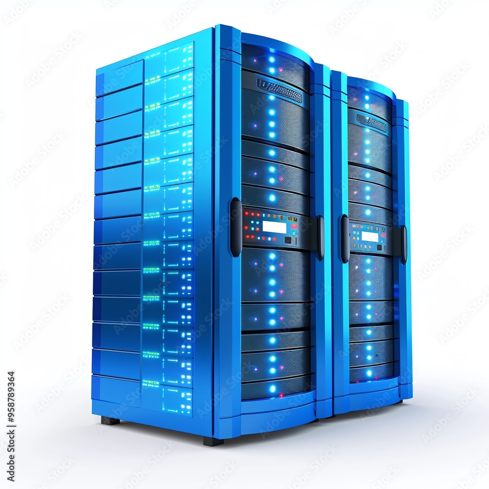 Blue server racks with LED lights in a data center, representing modern information technology, data storage, and cloud computing. Blue server racks with LED lights in a data center, representing modern information technology, data storage, and cloud computing.