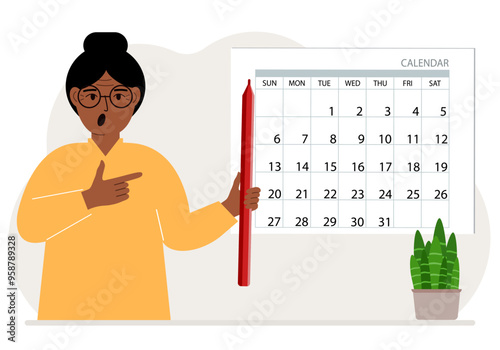 A woman with a pencil in his hand creates a calendar. Planning and time management, responsible employee plans meetings and events. Vector flat illustration
