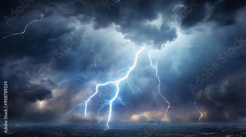 A stormy sky with multiple cloud to ground lightning strikes,  flashes of lightning and the rumble of thunder, showcasing the power of a storm.