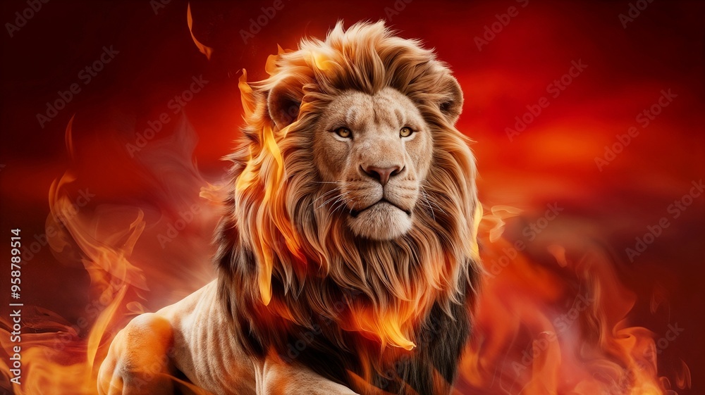 Naklejka premium A lion with glowing fire flames and smoke on burning background. Brave, Proud concepts.