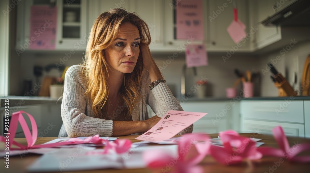 A reflective image of a woman sitting at a kitchen table, surrounded by pamphlets and pink ribbons, with a thoughtful expression as she plans a breast cancer awareness fundraiser, emphasizing A reflective image of a woman sitting at a kitchen table, surrounded by pamphlets and pink ribbons, with a thoughtful expression as she plans a breast cancer awareness fundraiser, emphasizing