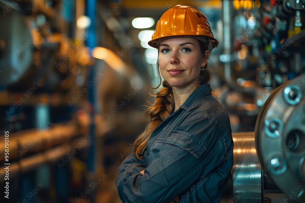 confident female engineer in an orange work uniform and hard hat standing in an industrial facility. Ideal for themes of women in STEM, engineering, industrial work, and gender diversity in the work confident female engineer in an orange work uniform and hard hat standing in an industrial facility. Ideal for themes of women in STEM, engineering, industrial work, and gender diversity in the work