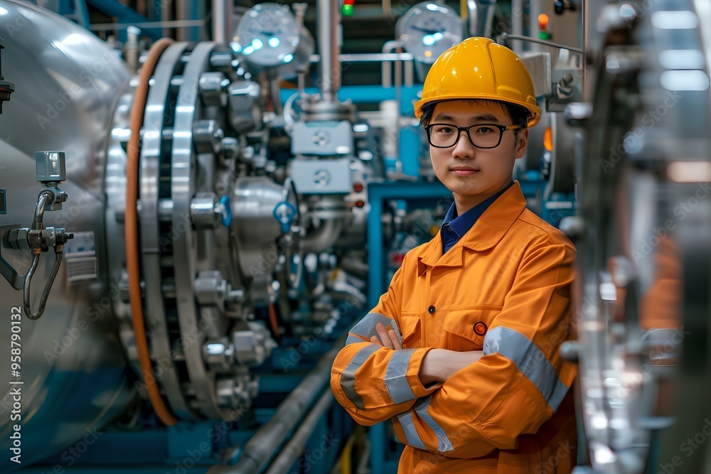 custom made wallpaper toronto digitalA confident male engineer in an orange hard hat and blue work uniform, standing in an industrial facility. Perfect for themes of engineering, industrial work, technology, and professional expertise.