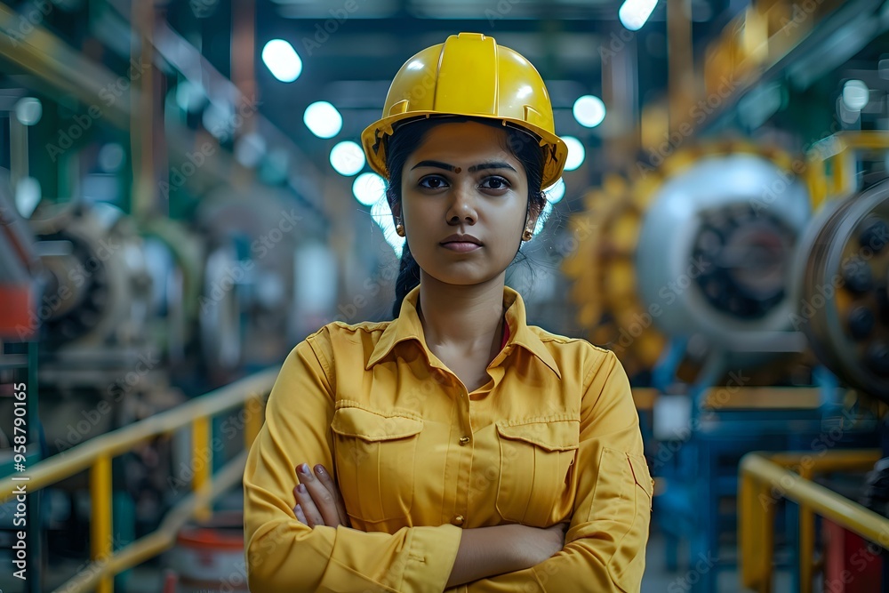confident female engineer in an orange work uniform and hard hat standing in an industrial facility. Ideal for themes of women in STEM, engineering, industrial work, and gender diversity in the work confident female engineer in an orange work uniform and hard hat standing in an industrial facility. Ideal for themes of women in STEM, engineering, industrial work, and gender diversity in the work