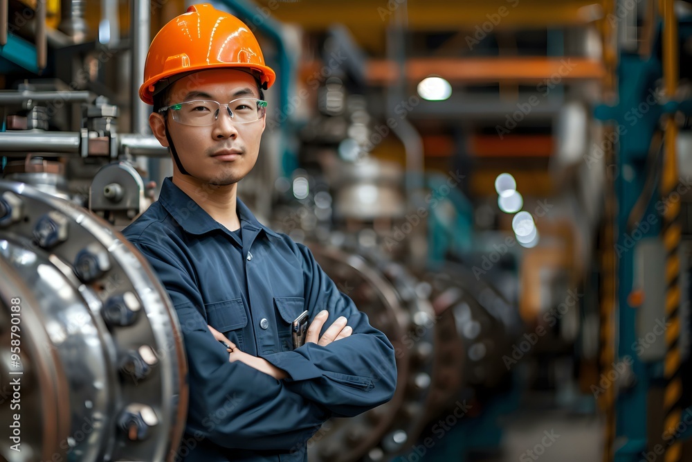 A confident male engineer in an orange hard hat and blue work uniform, standing in an industrial facility. Perfect for themes of engineering, industrial work, technology, and professional expertise.