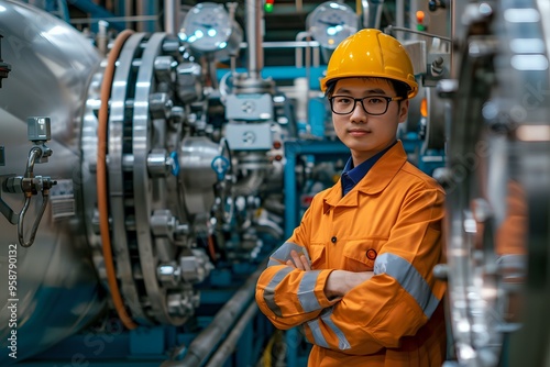 A confident male engineer in an orange hard hat and blue work uniform, standing in an industrial facility. Perfect for themes of engineering, industrial work, technology, and professional expertise.