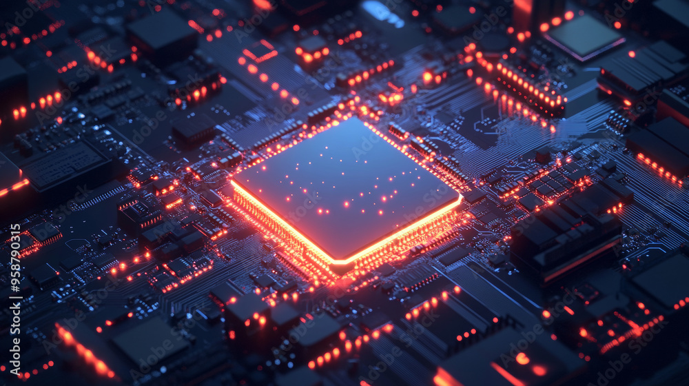 A computer chip with built-in artificial intelligence. The AI is directly on the chip, connected to the motherboard. This shows how AI is becoming part of the hardware itself. A computer chip with built-in artificial intelligence. The AI is directly on the chip, connected to the motherboard. This shows how AI is becoming part of the hardware itself.