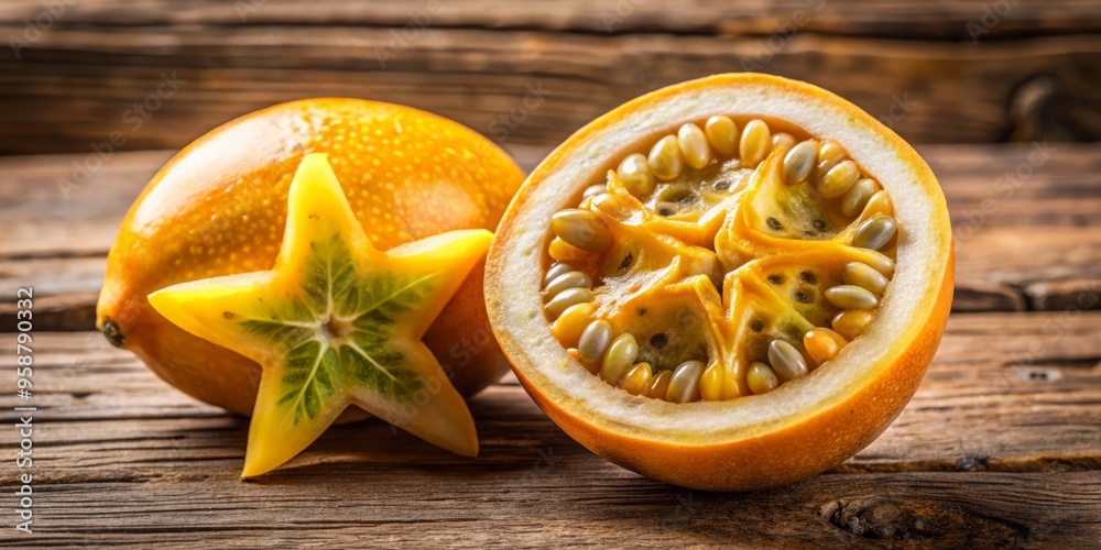 Vibrant yellow-orange curuba fruit, also known as banana passionfruit, lies cut open on a rustic wooden table, Vibrant yellow-orange curuba fruit, also known as banana passionfruit, lies cut open on a rustic wooden table,