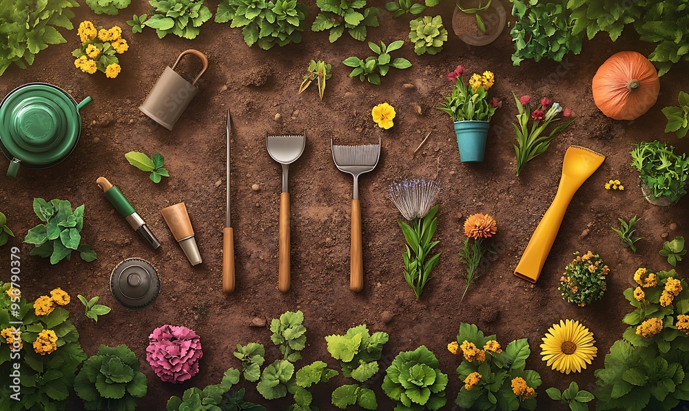 Naklejka premium Garden Tools and Flowers Arranged on Soil