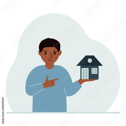 A little boy holds a small house in his palm. Concepts of inheritance or transfer of real estate to children. Vector flat illustration