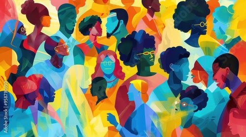 Colorful abstract illustration of diverse people in vibrant hues, symbolizing unity, inclusion, and community.
