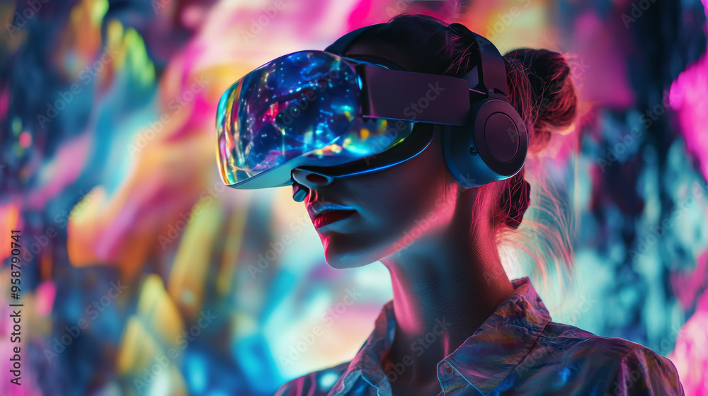 A woman wears VR goggles, her face lit by the colorful, abstract shapes of a virtual world. She appears to be exploring a digital landscape, her expression curious and engaged. A woman wears VR goggles, her face lit by the colorful, abstract shapes of a virtual world. She appears to be exploring a digital landscape, her expression curious and engaged.
