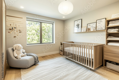 The room of newborn baby in sweet home . A sleek, minimalist bed with clean lines in white or natural wood stands alongside a coordinating storage unit with integrated shelves and drawers. photo