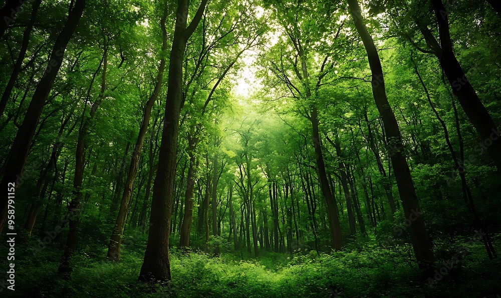 Naklejka premium A Dense, Sun-Dappled Forest Path