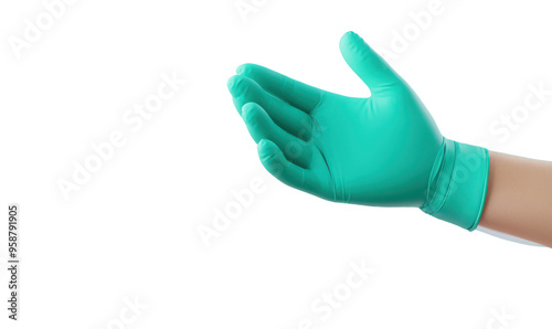 Hand in green latex glove isolated transparent background