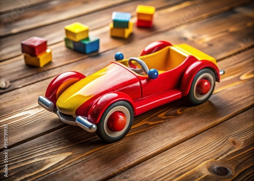 Vintage toy car with bright red and yellow body, sleek wheels, and distinctive fins, sitting on a worn photo