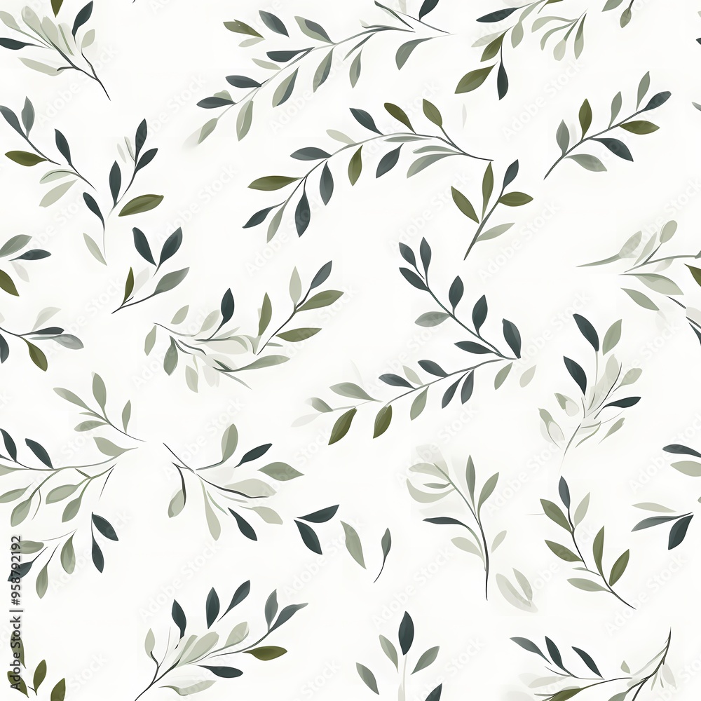 Naklejka premium Delicate branches with white leaves on a soft gray background.
