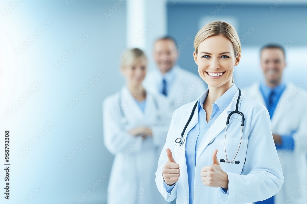 Smiling woman in a white lab coat is giving a thumbs up to the camera. She is surrounded by other people in white lab coats, all of whom are smiling Smiling woman in a white lab coat is giving a thumbs up to the camera. She is surrounded by other people in white lab coats, all of whom are smiling