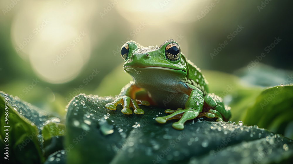Stunning Close-Up of a Green Frog with Dew Drops on Lush Foliage in Sunlit Nature Stunning Close-Up of a Green Frog with Dew Drops on Lush Foliage in Sunlit Nature